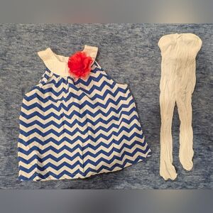 Gymboree Blue and White Chevron Dress with Pink Accent Flower